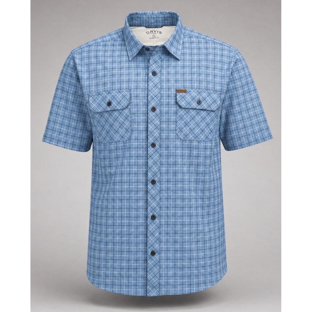 Orvis Shirt Mens XXL Plaid Short Sleeve Button Down Shirt Blue Fishing Outdoor